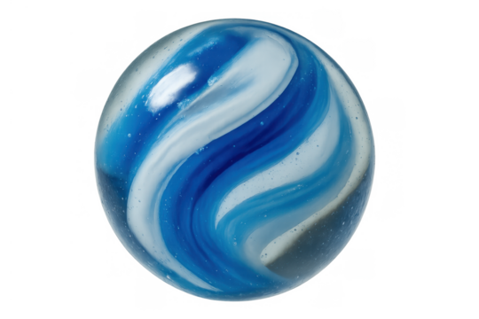 Blue and white swirl glass marble, classic childhood toy demonstrating fun, play, and game enjoyment with transparent background