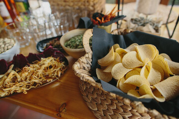 Appetizers and snacks presenting on a buffet table
