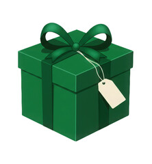 Emerald green gift box with elegant ribbon bow and blank tag