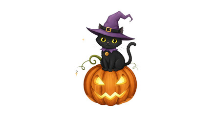 Cute black cat witch in purple hat sitting on glowing pumpkin