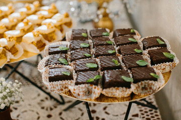 Chocolate brownies tray serving sweet dessert buffet
