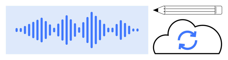 Audio waveform, pencil for editing, cloud with sync icon for uploading or collaboration. Ideal for audio editing, digital creativity, teamwork, online tools, cloud storage, brainstorming simple flat