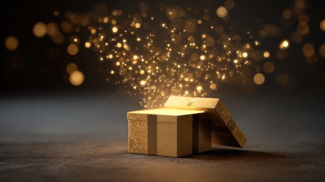 Unwrap joy with this golden glitter gift box, perfect for festive celebrations, surprise promotions, and adding a touch of magic to your holiday marketing.