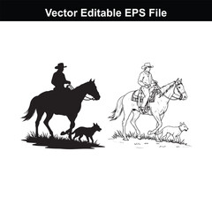 Silhouette and line art of a cowboy riding a horse with a dog, vector illustration