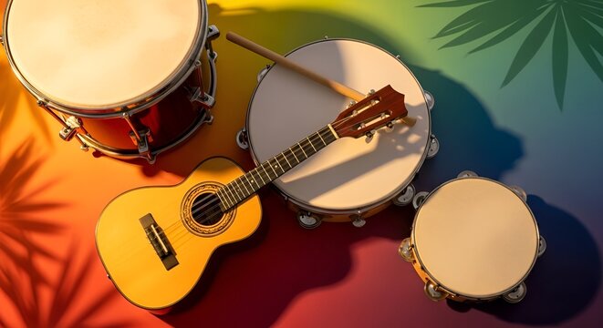 Instrumentos de samba e pagode dispostos artisticamente em fundo colorido com cavaquinho pandeiro