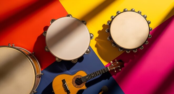 Instrumentos de samba e pagode dispostos artisticamente em fundo colorido com cavaquinho pandeiro