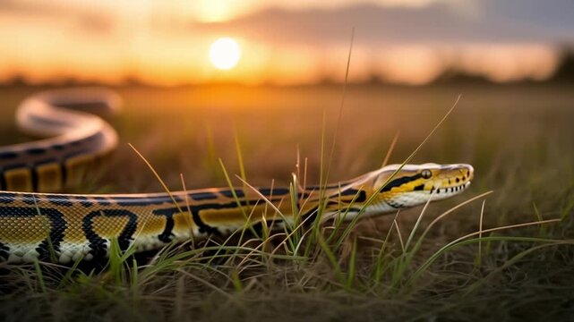 Majestic asiatic reticulated python slithering through golden grass