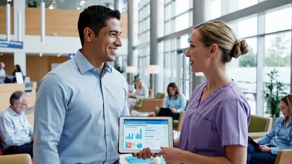 Healthcare professionals discuss patient data in a modern hospital setting - Powered by Adobe
