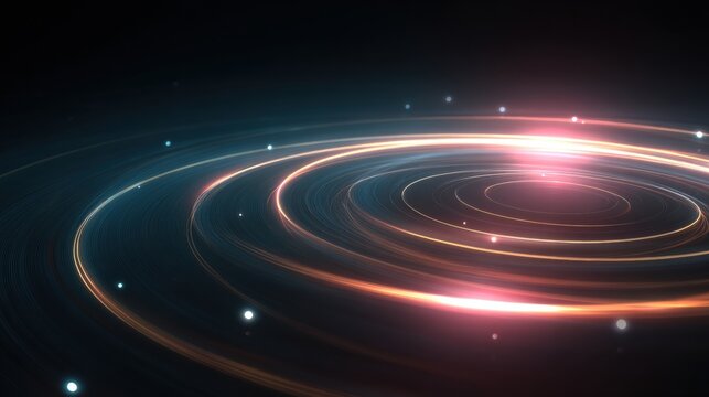 Dynamic glowing light trails swirl around a bright cosmic center, creating a futuristic and energetic abstract background