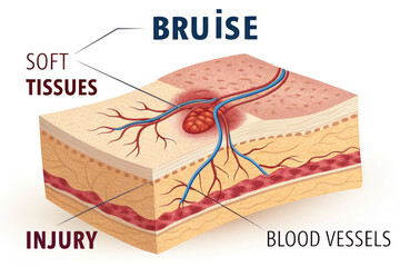 An educational illustration depicting the anatomical structure of the skin and the internal structure of a bruise with broken blood vessels and accumulated blood