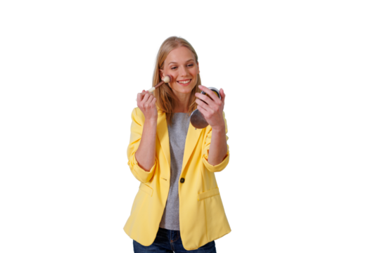 Woman applying blush makeup using a brush and compact mirror, smiling, beauty routine, transparent background