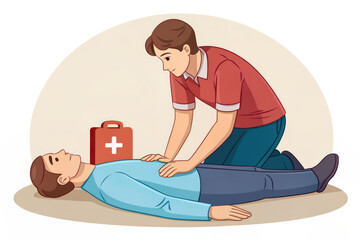 A man administers first aid and CPR to an unconscious person next to a first aid kit