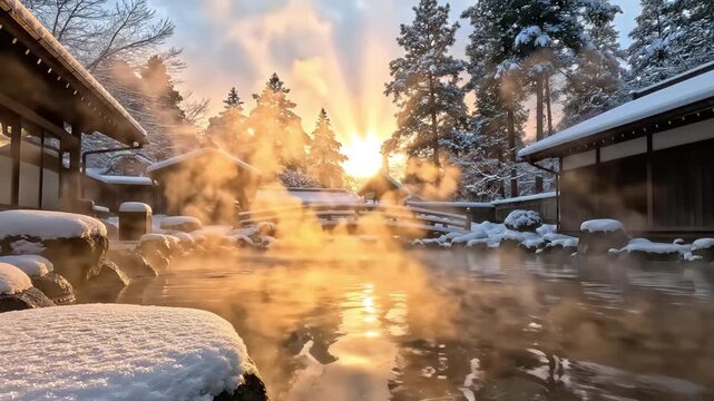 Magical Steaming Hot Spring (Onsen) at Sunrise in Snowy Winter Landscape