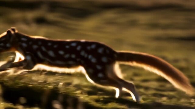 Curious quoll leaping through misty forest at golden hour