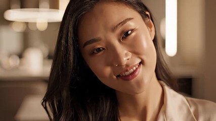 Smiling woman enjoys time in a modern cafe setting with warm light and elegant decor