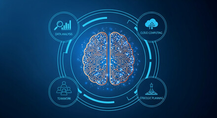 Circuit board brain on blue background, symbolizing artificial intelligence, data analysis, teamwork, strategic planning and cloud computing.  Free space for text
