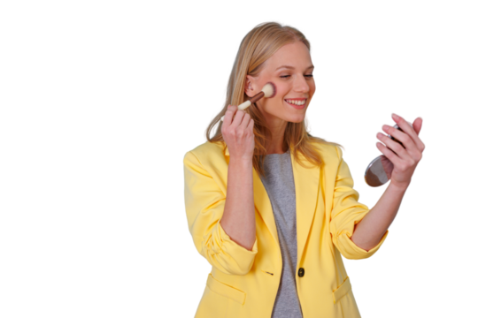 Woman applying blush with makeup brush, looking in mirror, getting ready, beauty routine, transparent background