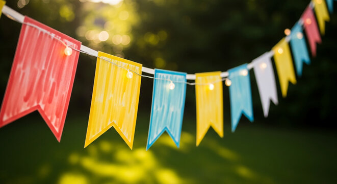 Colorful paper bunting with small lights, hanging outdoors against a blurred green background, suggesting celebration and festivity