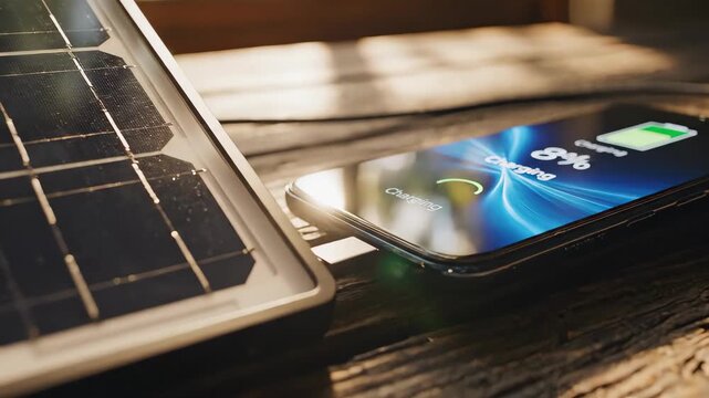Solar panel charging smartphone on wooden table in bright sunlight