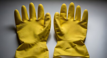 Pair of bright yellow rubber cleaning gloves laid flat against a light background