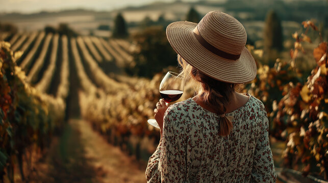 Woman in a straw hat holding a glass of red wine, admiring the rolling hills of an autumn vineyard at sunset