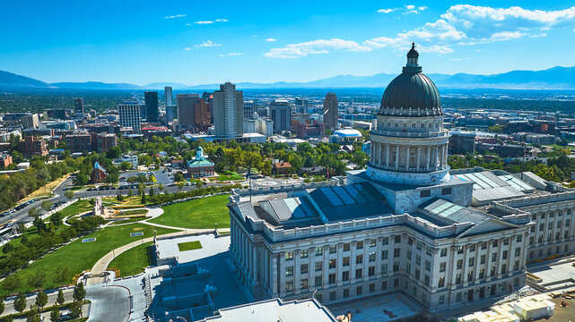Aerial Utah State Capitol Downtown Salt Lake City Skyline Wasatch Mountains