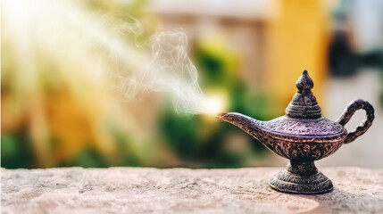 Ornate vintage magic lamp with smoke and light emerging from spout, representing wishes, dreams, and hidden power