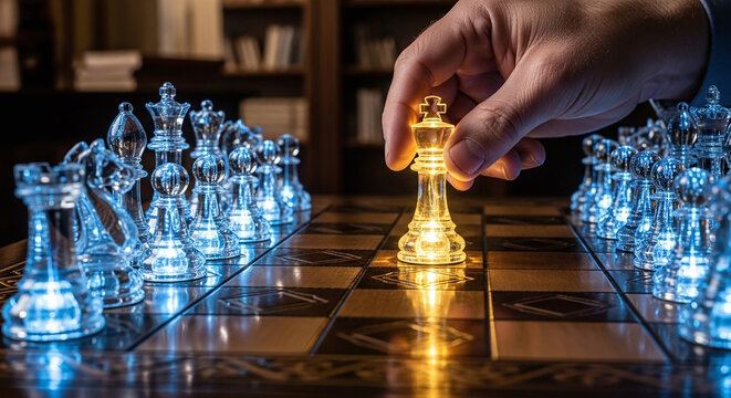 Crystal chess pieces strategic move showcasing business leadership and game plan execution brilliance