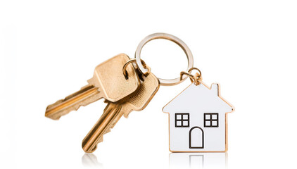 Keys with a white house shaped keychain on a ring. Concept of real estate, new home, buying property, and security