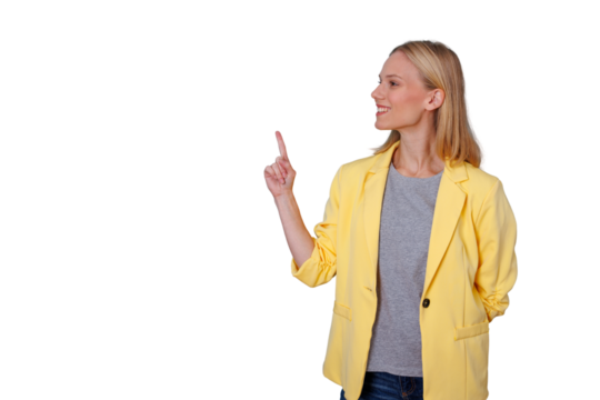 Blonde woman pointing upward, looking left with a joyful expression, wearing casual business attire. Transparent background