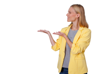 Woman presenting and pointing left with open hands, showing a blank space for content, smiling, transparent background