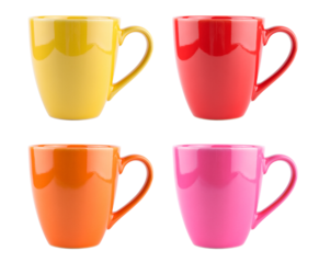 yellow, red, orange, pink ceramic coffee mug, Isolated on transparent background, png
