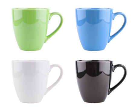 green, blue, white, black ceramic coffee mug, Isolated on transparent background, png