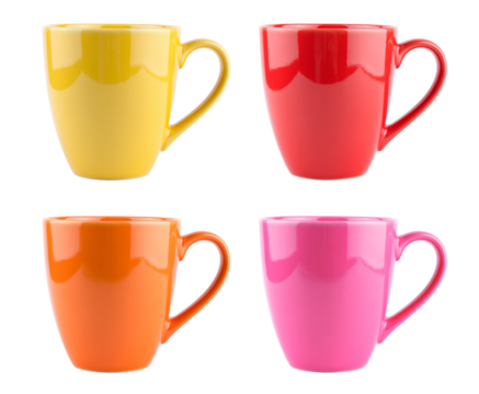 yellow, red, orange, pink ceramic coffee mug, Isolated on transparent background, png