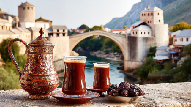 Traditional Bosnian coffee pot and cups with dates on a stone wall, enjoying the view of Mostar's Old Bridge and Neretva river
