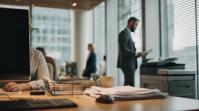 Daily corporate routine in a bustling office with employees working, a businessman making copies on a printer, and a messy desk with papers and a computer mouse in the foreground