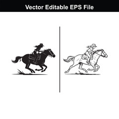 Silhouette and line art of a cowgirl riding a horse