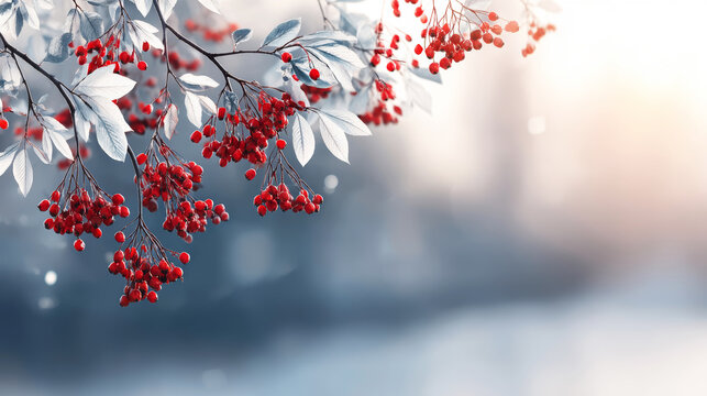 Winter red berries glisten against frosty pale leaves and soft cold light, creating a serene festive contrast in winter nature - Powered by Adobe