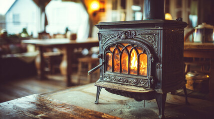Wood burning stove with a visible fire bringing warmth and a cozy ambiance to a rustic scandinavian interior, emphasizing comfort