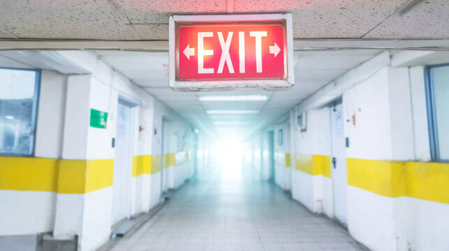 Red exit sign guiding through a long, white hallway with yellow stripes, leading towards a bright exit light and new beginning