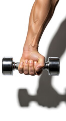 A person's strong hand holding a dumbbell, emphasizing strength and fitness. The hand grasps the metallic weight