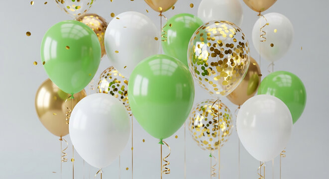 Green, white, and gold balloons with confetti, creating a festive and celebratory atmosphere, ideal for party invitations or celebratory announcements