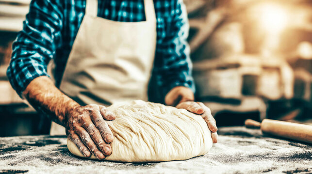 Baker hands kneading fresh bread dough on a dark kitchen countertop. Depicting food preparation, baking, and professional craftsmanship