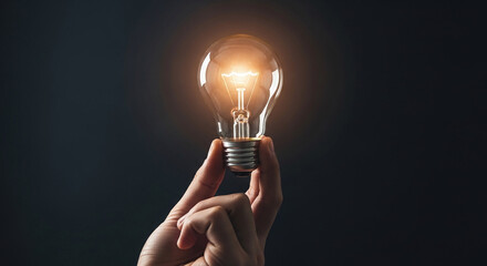 Hand holding glowing light bulb representing idea innovation and creative thinking concept