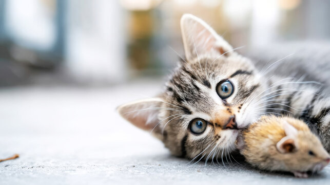 Tabby kitten lying on ground holding a captured mouse, showing playful hunting instinct and natural predator behavior