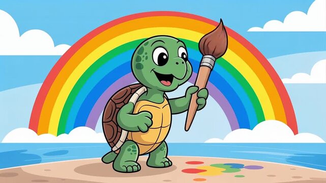 Happy turtle cartoon painting rainbow in vibrant sky with brush
