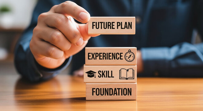 Hand placing a wooden block for future planning skills experience and foundation