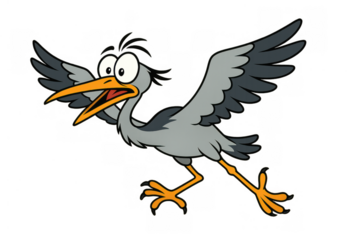 Panicked cartoon heron flying with outstretched wings and open beak expressing alarm on transparent background