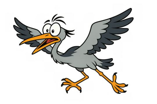 Panicked cartoon heron flying with outstretched wings and open beak expressing alarm on transparent background