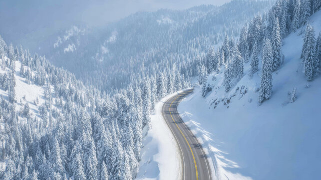 Winding mountain road creating a path through a dense snow covered forest, winter landscape vista